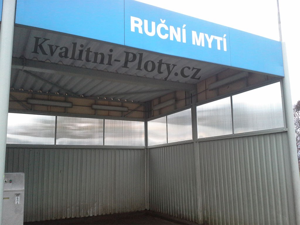 Ocelová konstrukce přístřešku pro ruční mytí aut